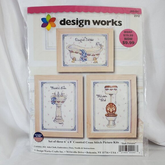 Set Of Three 6" X 8" Counted Cross Stitch Kits "Bathroom Fixtures" Design Works - Picture 1 of 6